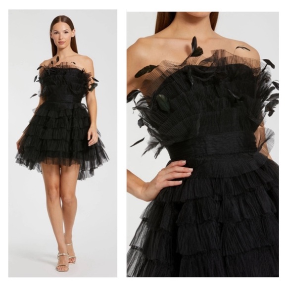 MAC DUGGAL NWT 20529 Black Feathered Strapless Tulle Fit and Flare Dress